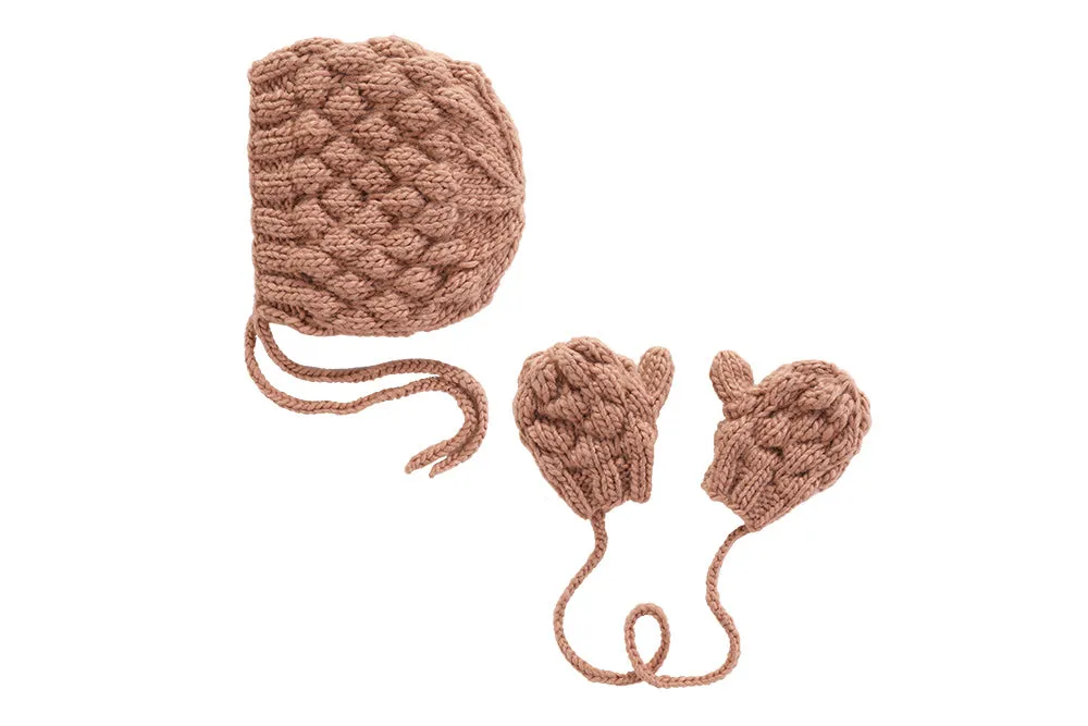 Chloe Set: hand-knitted bonnet and matching mittens and gloves - cream or dusty color.