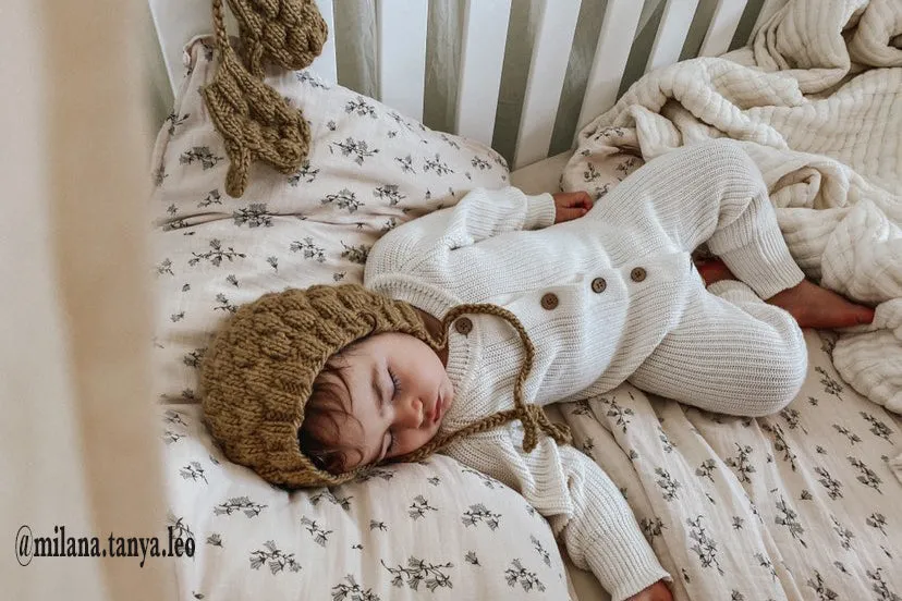 Chloe Set: hand-knitted bonnet and matching mittens and gloves - cream or dusty color.