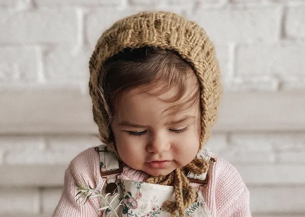 Chloe Set: hand-knitted bonnet and matching mittens and gloves - cream or dusty color.