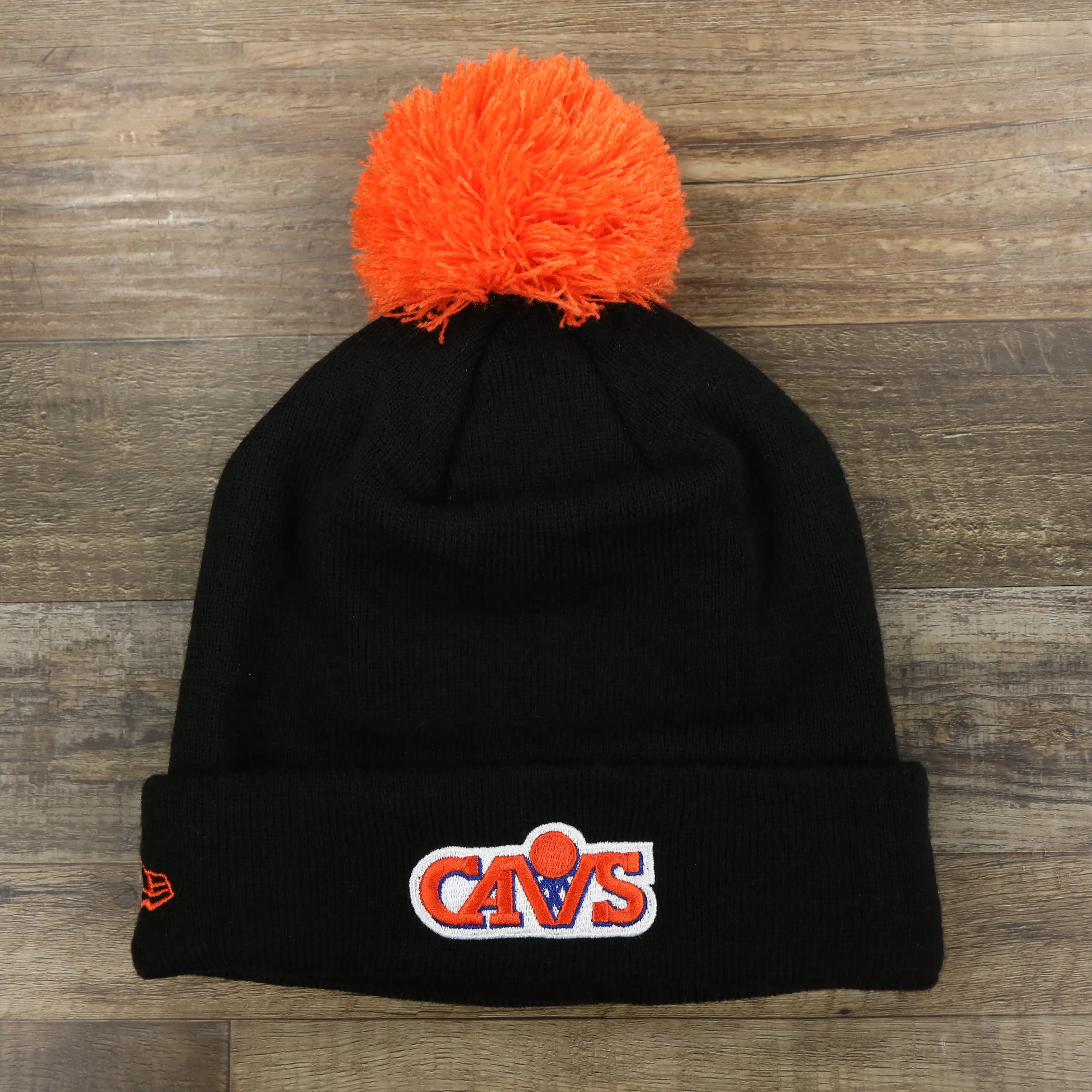 Cleveland Cavaliers Winter Beanie with Retro Logo Patch and Orange Pom Pom | Black