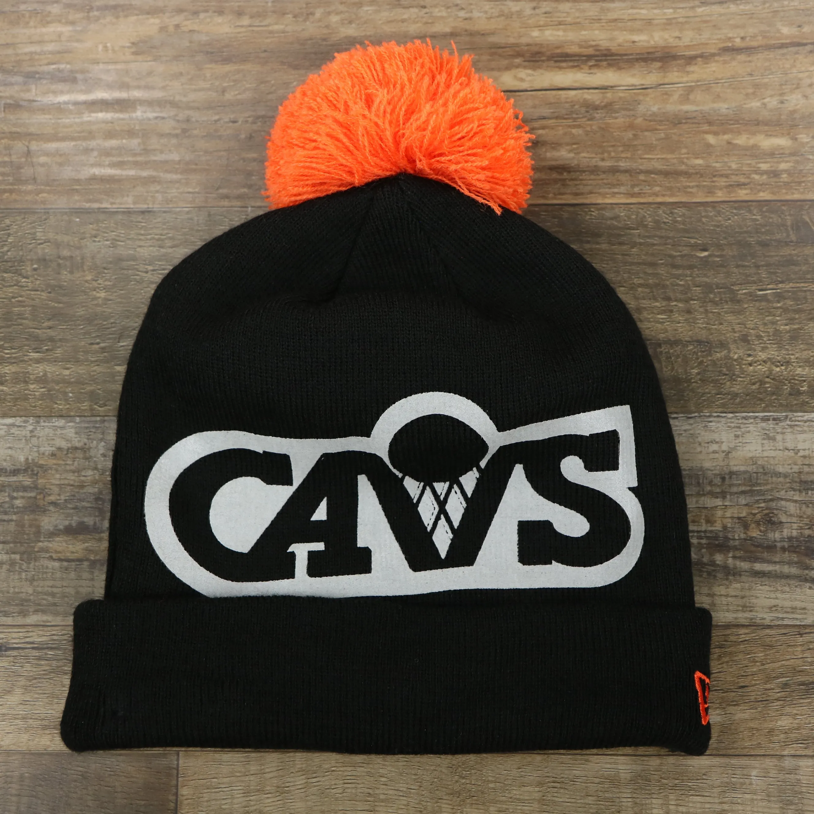 Cleveland Cavaliers Winter Beanie with Retro Logo Patch and Orange Pom Pom | Black