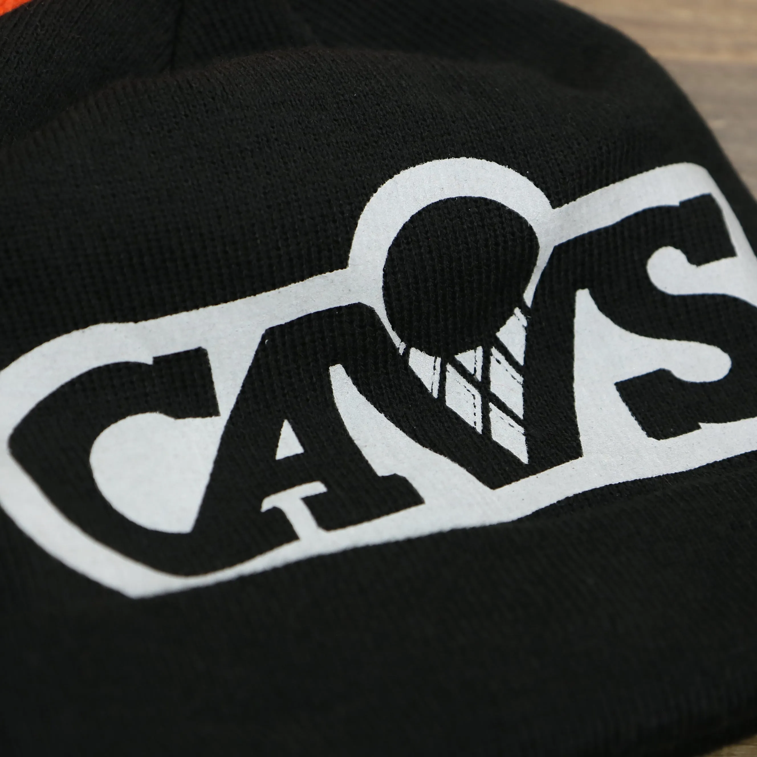 Cleveland Cavaliers Winter Beanie with Retro Logo Patch and Orange Pom Pom | Black