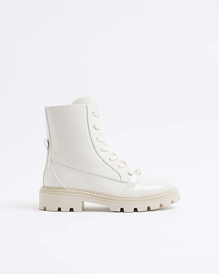 Cream Patent Lace Up Boots