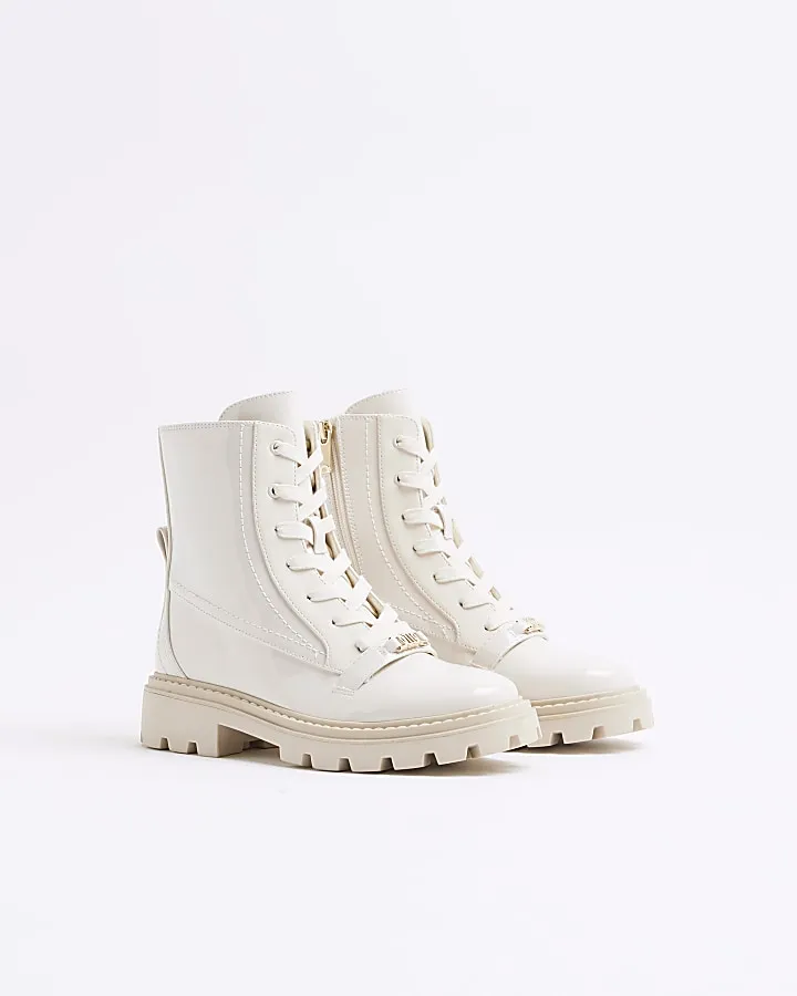 Cream Patent Lace Up Boots