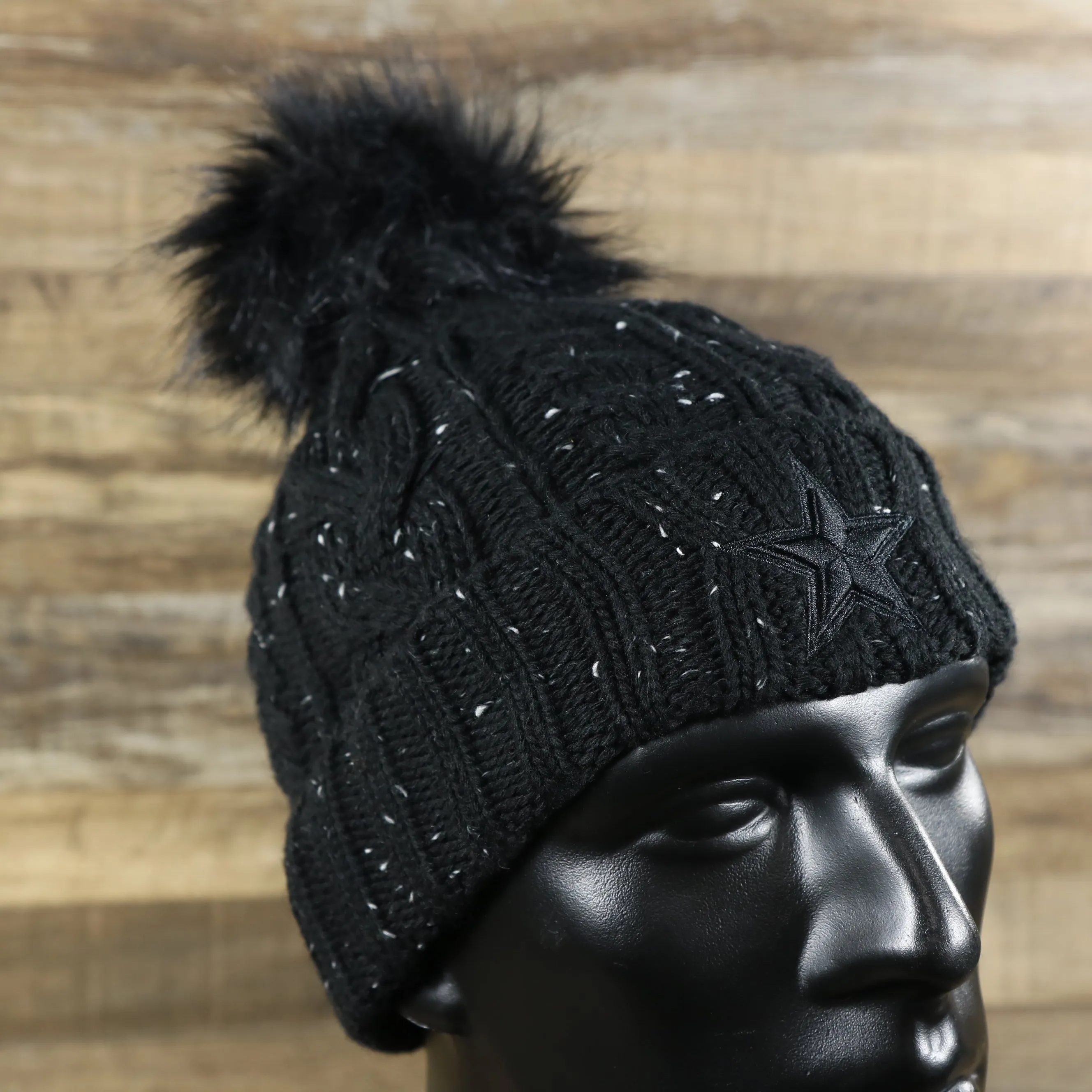 Dallas Cowboys Winter Knit Beanie | Black Confetti Print Fuzzy Pom Pom