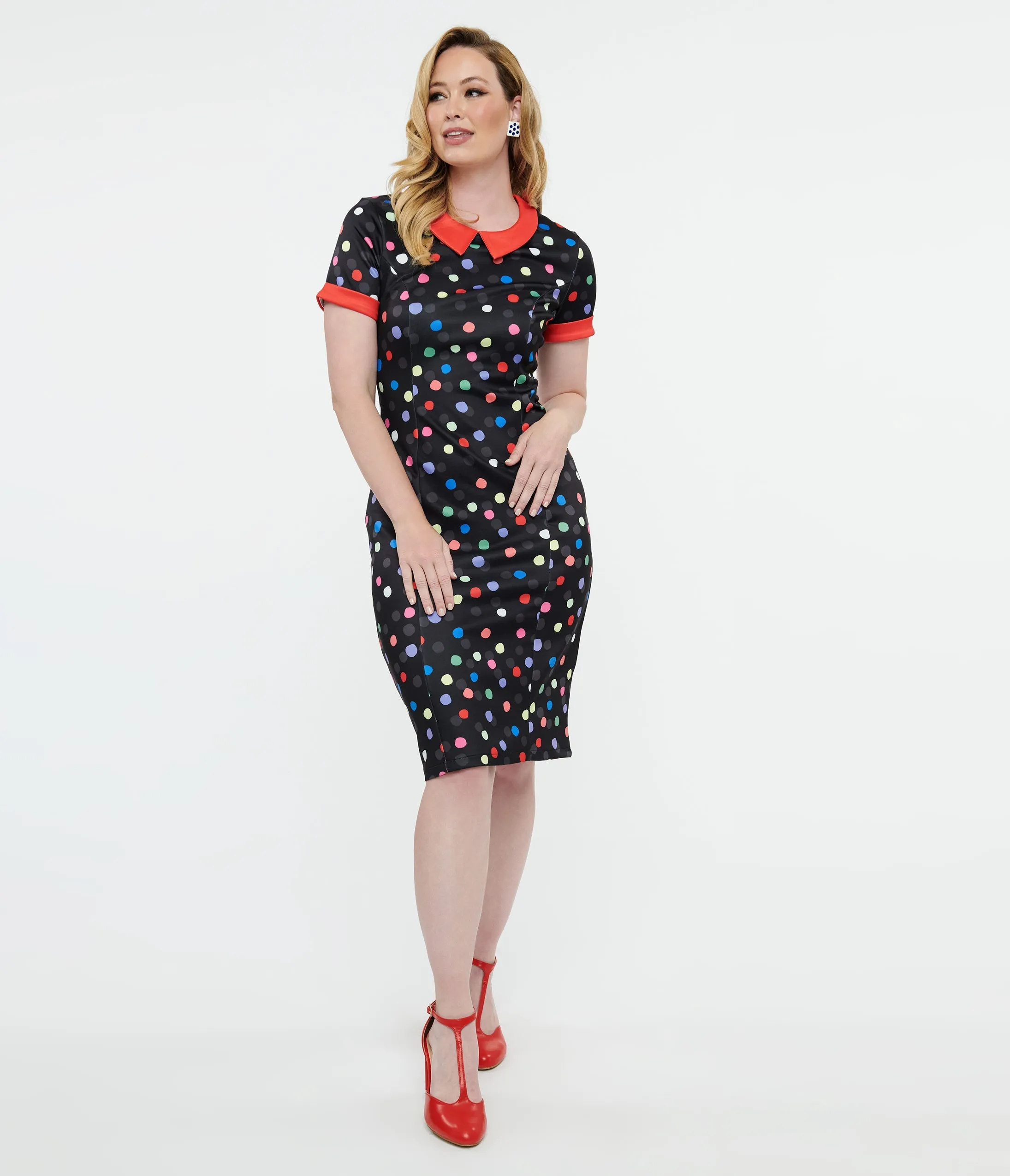 Dolly & Dotty 1950s Black & Rainbow Polka Dot Toni Wiggle Dress