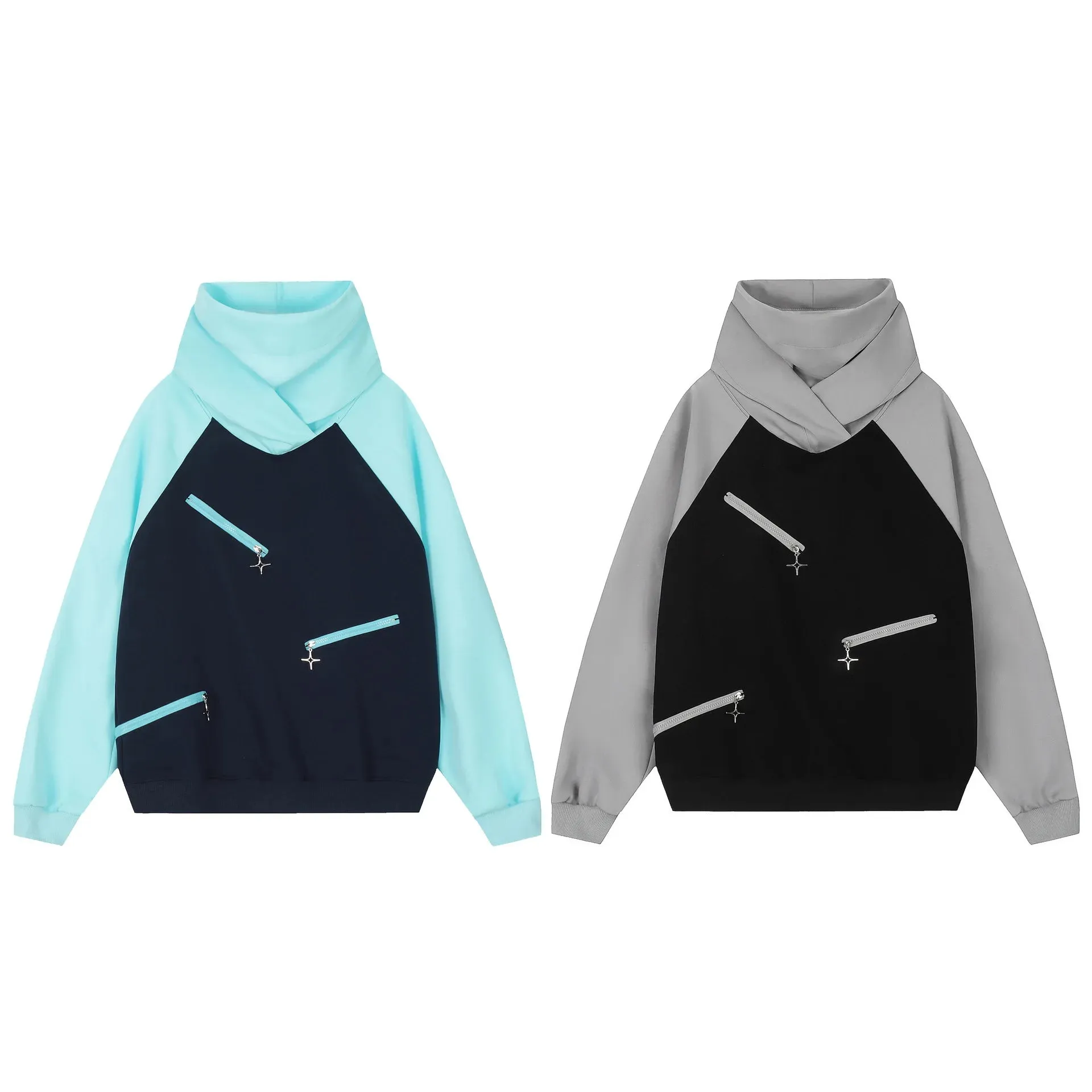 Double Neckline Multi Zipper Style Hoodie