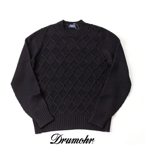 Drumohr Crew Neck Cable Knit Wool Long Sleeves Handmade Plain