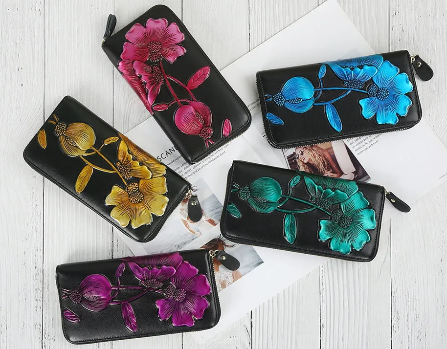 Elegant Floral Faux Leather Long Wallets Purses Zipper Closure Stylish Synthetic Flower