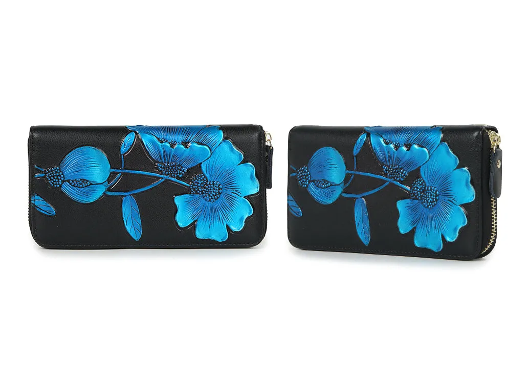 Elegant Floral Faux Leather Long Wallets Purses Zipper Closure Stylish Synthetic Flower