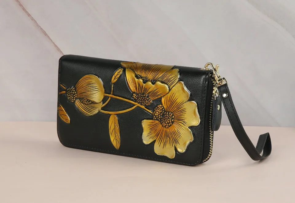 Elegant Floral Faux Leather Long Wallets Purses Zipper Closure Stylish Synthetic Flower