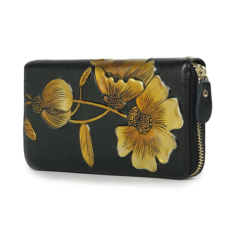 Elegant Floral Faux Leather Long Wallets Purses Zipper Closure Stylish Synthetic Flower