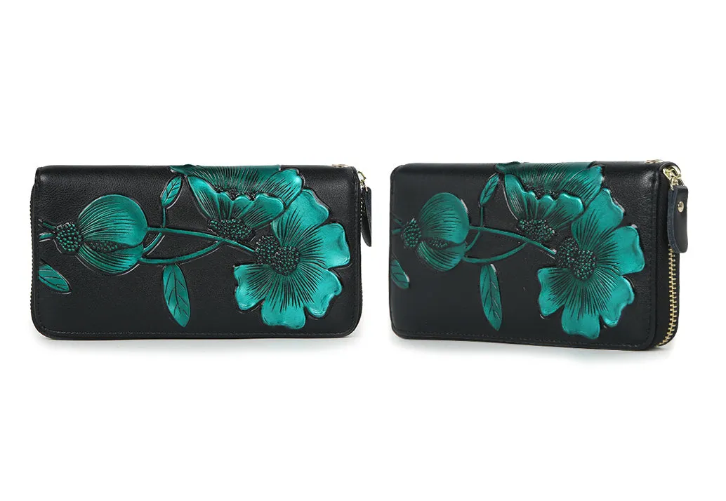 Elegant Floral Faux Leather Long Wallets Purses Zipper Closure Stylish Synthetic Flower