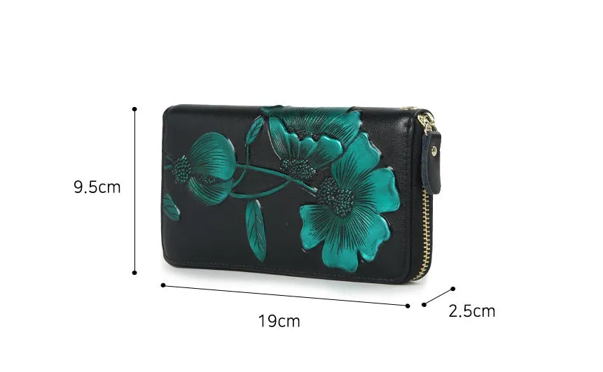 Elegant Floral Faux Leather Long Wallets Purses Zipper Closure Stylish Synthetic Flower