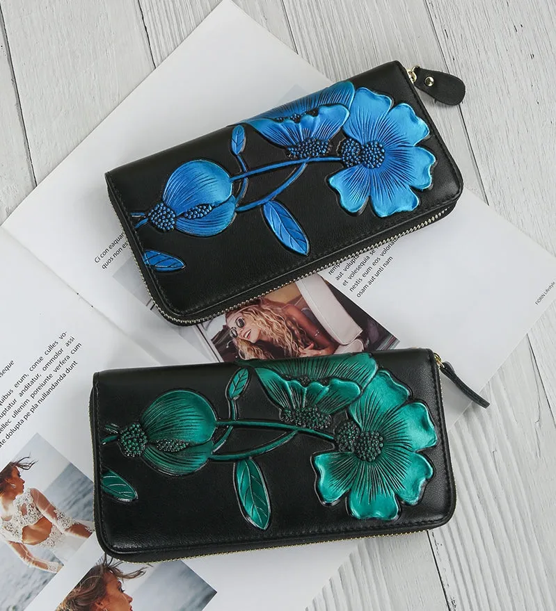 Elegant Floral Faux Leather Long Wallets Purses Zipper Closure Stylish Synthetic Flower