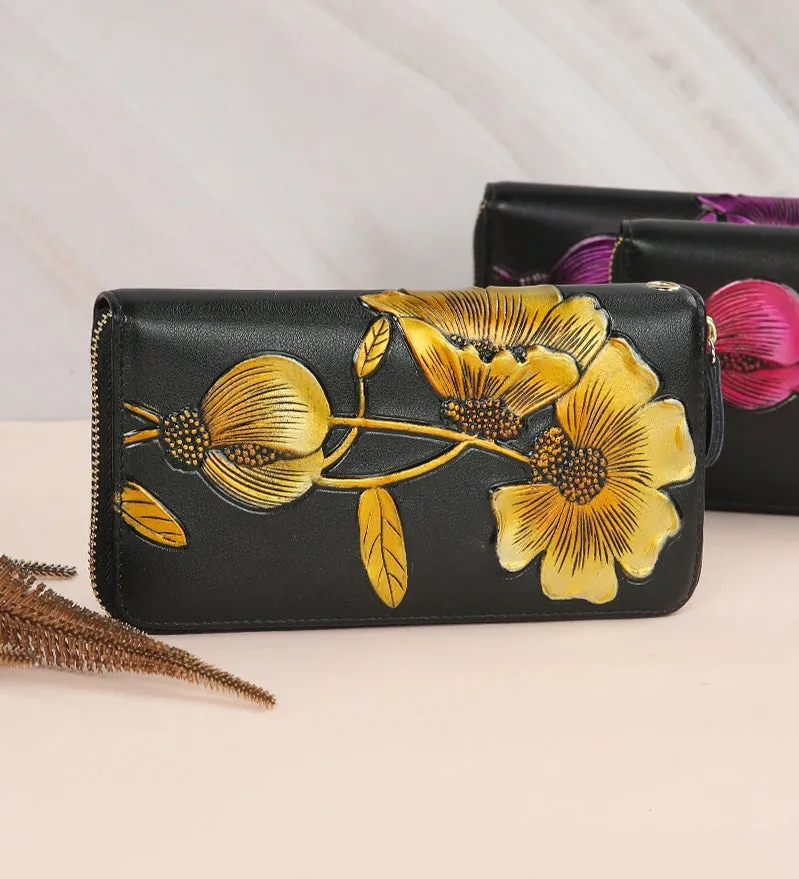 Elegant Floral Faux Leather Long Wallets Purses Zipper Closure Stylish Synthetic Flower