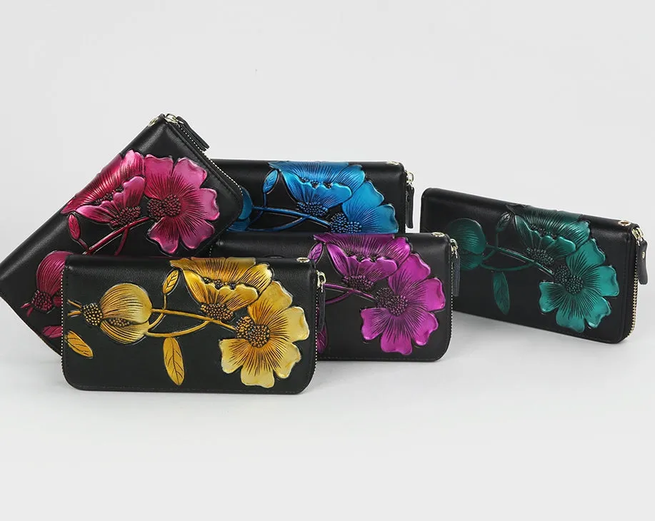 Elegant Floral Faux Leather Long Wallets Purses Zipper Closure Stylish Synthetic Flower