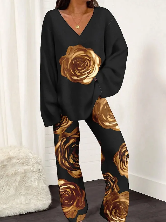 Flannel Pajama Set for Women - Floral Chic Design with Tee and V-Neck