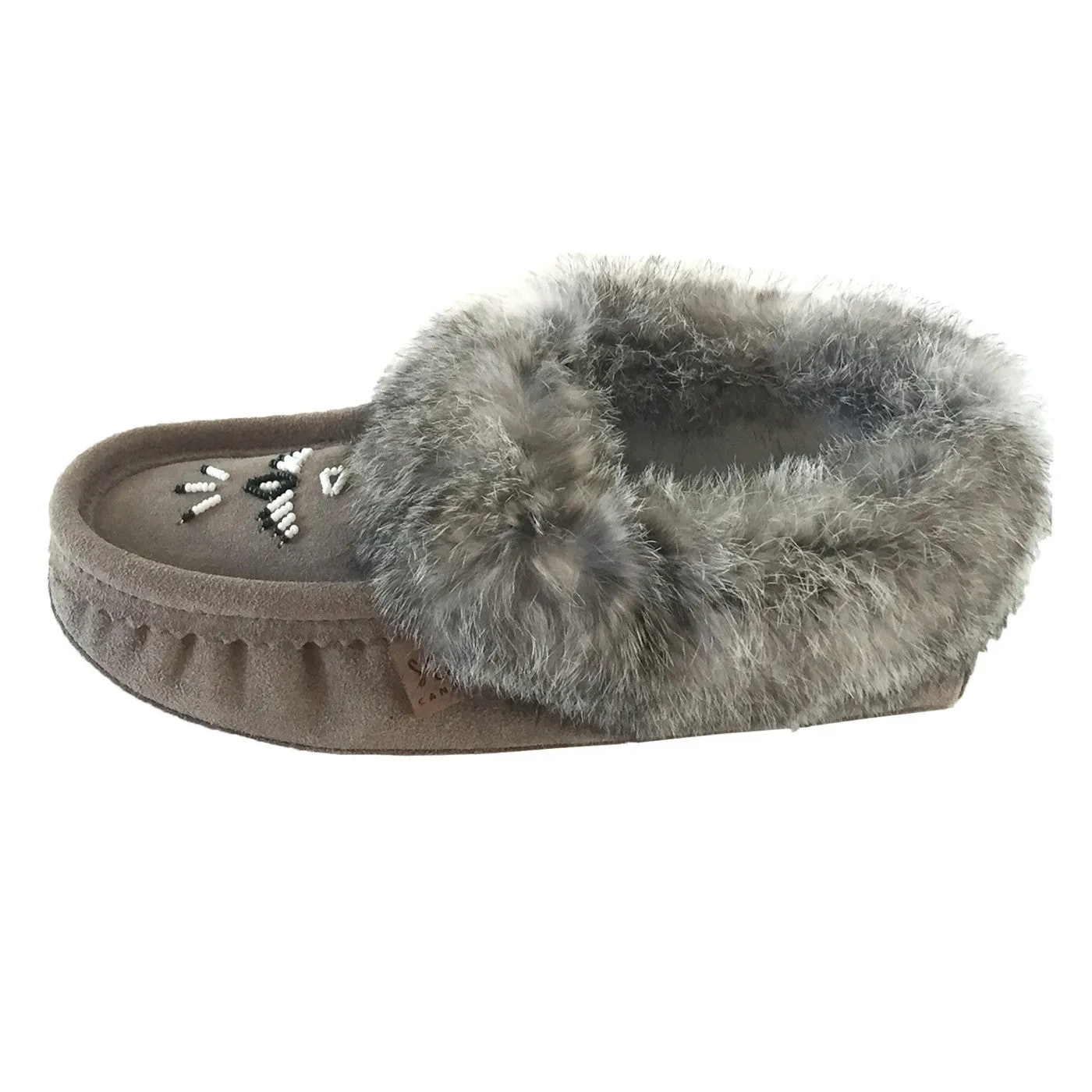 Fleece Lined Gray Suede Moccasins with Rabbit Fur for Women