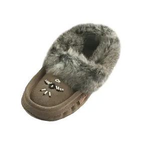 Fleece Lined Gray Suede Moccasins with Rabbit Fur for Women