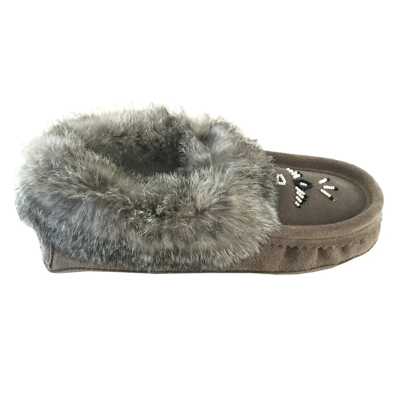 Fleece Lined Gray Suede Moccasins with Rabbit Fur for Women