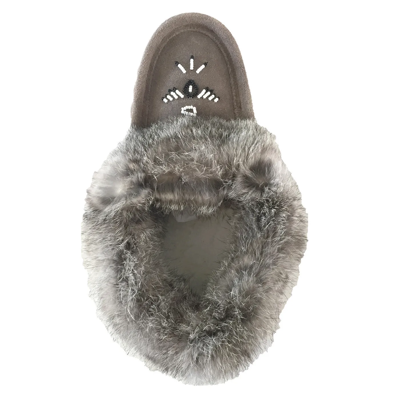 Fleece Lined Gray Suede Moccasins with Rabbit Fur for Women