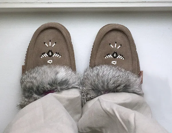 Fleece Lined Gray Suede Moccasins with Rabbit Fur for Women