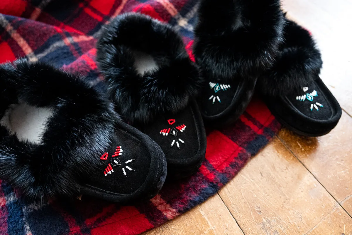 Fleece Lined Suede Moccasins with Crepe Sole and Rabbit Fur