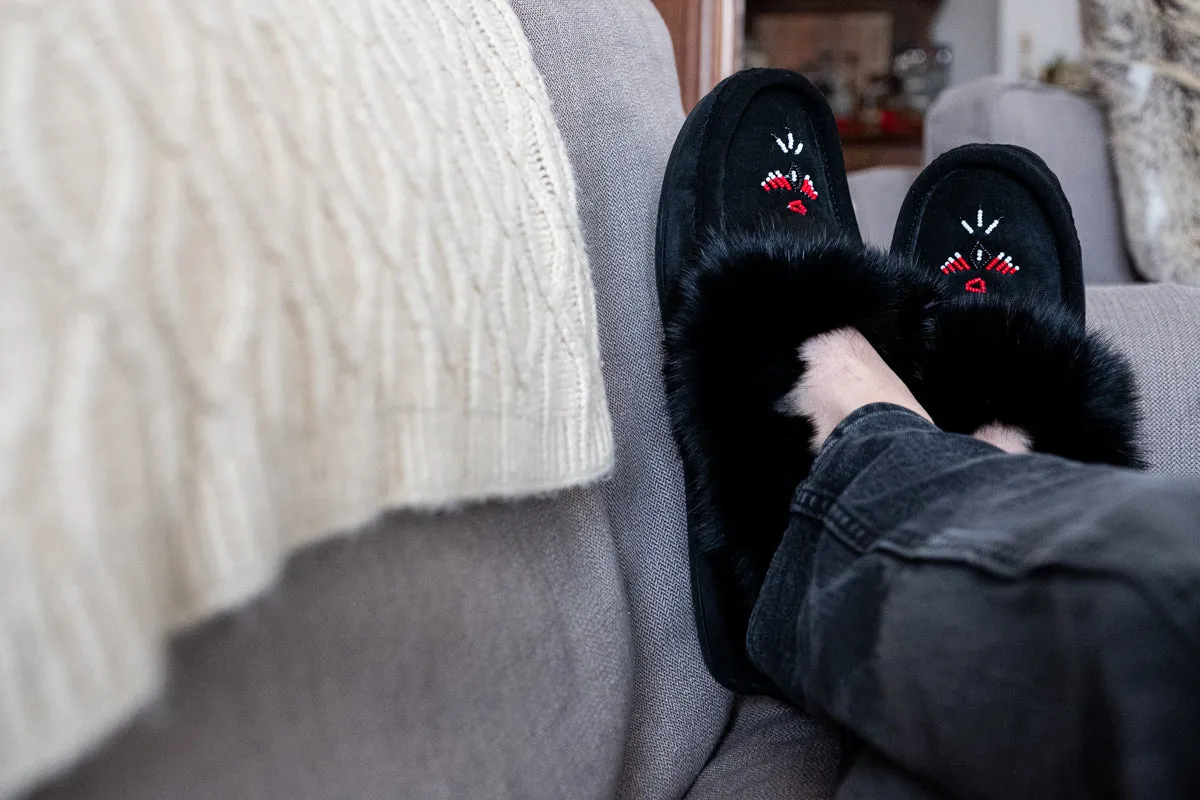 Fleece Lined Suede Moccasins with Crepe Sole and Rabbit Fur