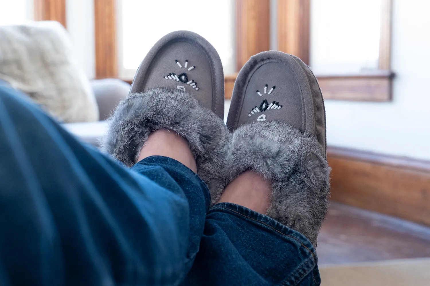 Fleece Lined Suede Rabbit Fur Moccasins for Men