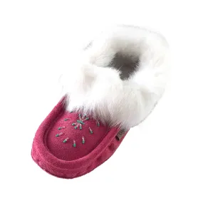 Fuchsia Suede Moccasins with Fleece Lining and Rabbit Fur - Women's Footwear