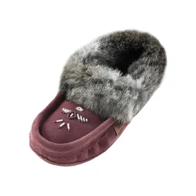 Fur-lined plum suede moccasins for women.