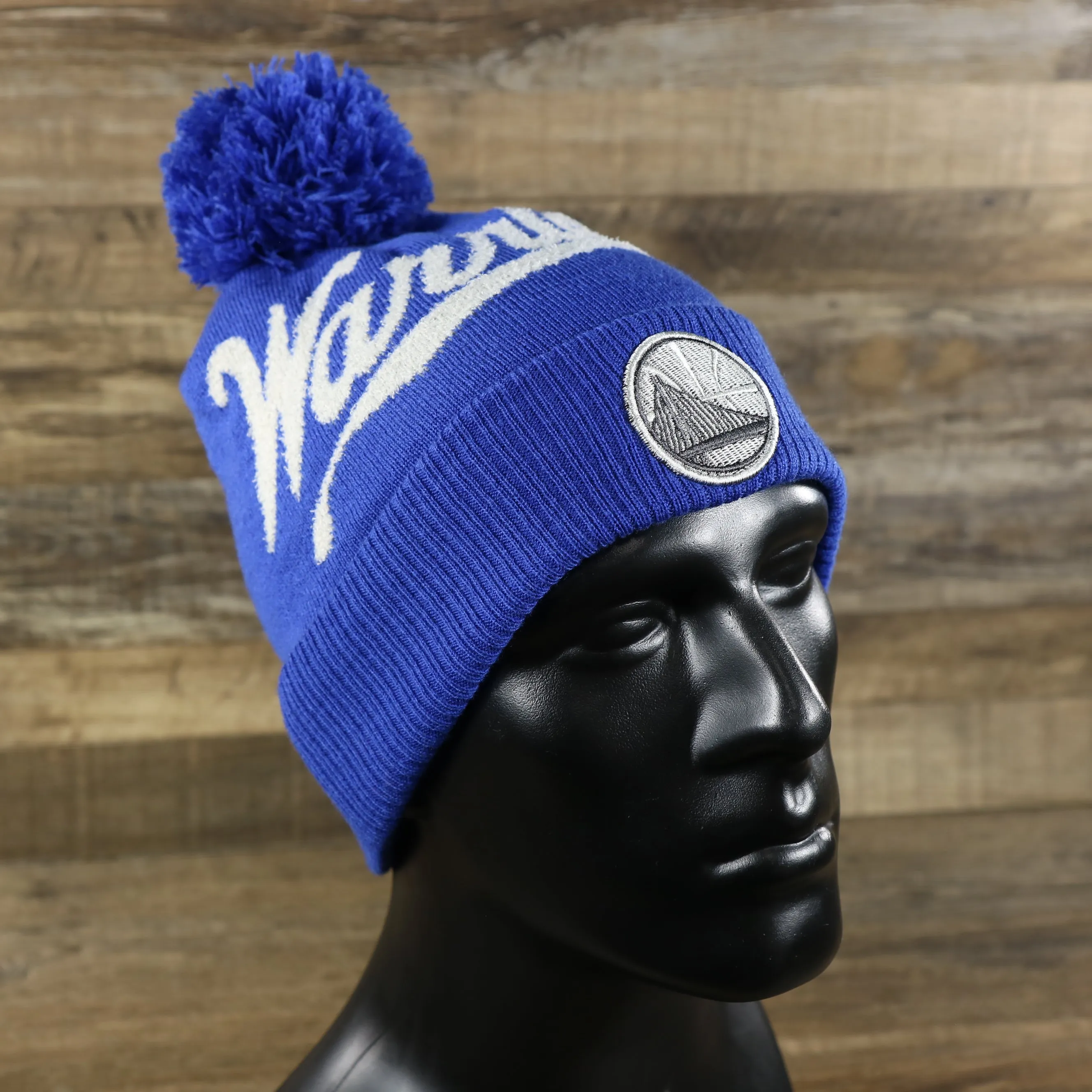 Golden State Warriors Gray Wordmark Cuffed Winter Pom Pom Beanie, Royal Blue Winter Beanie