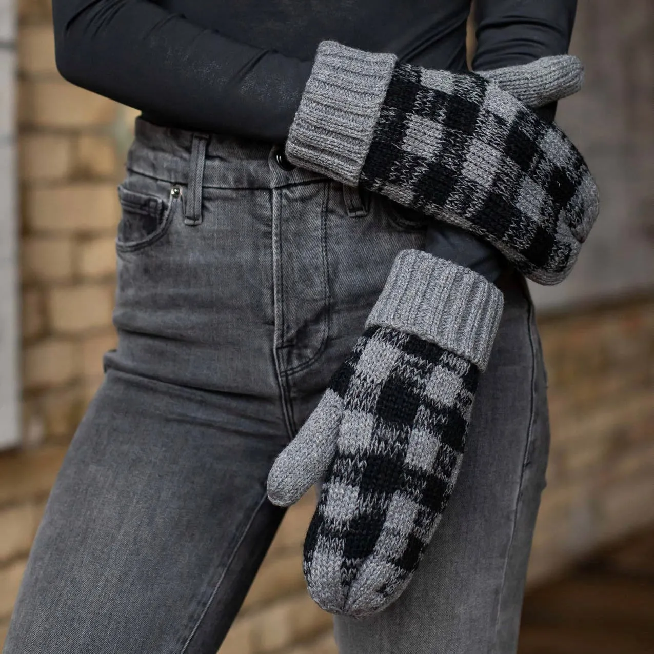 Grey and Black Buffalo Plaid Fleece Lined Knit Mittens