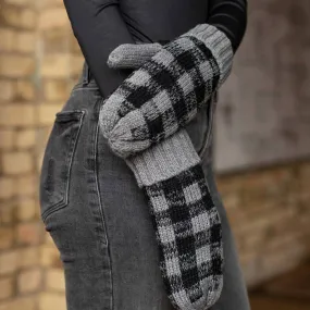 Grey and Black Buffalo Plaid Fleece Lined Knit Mittens