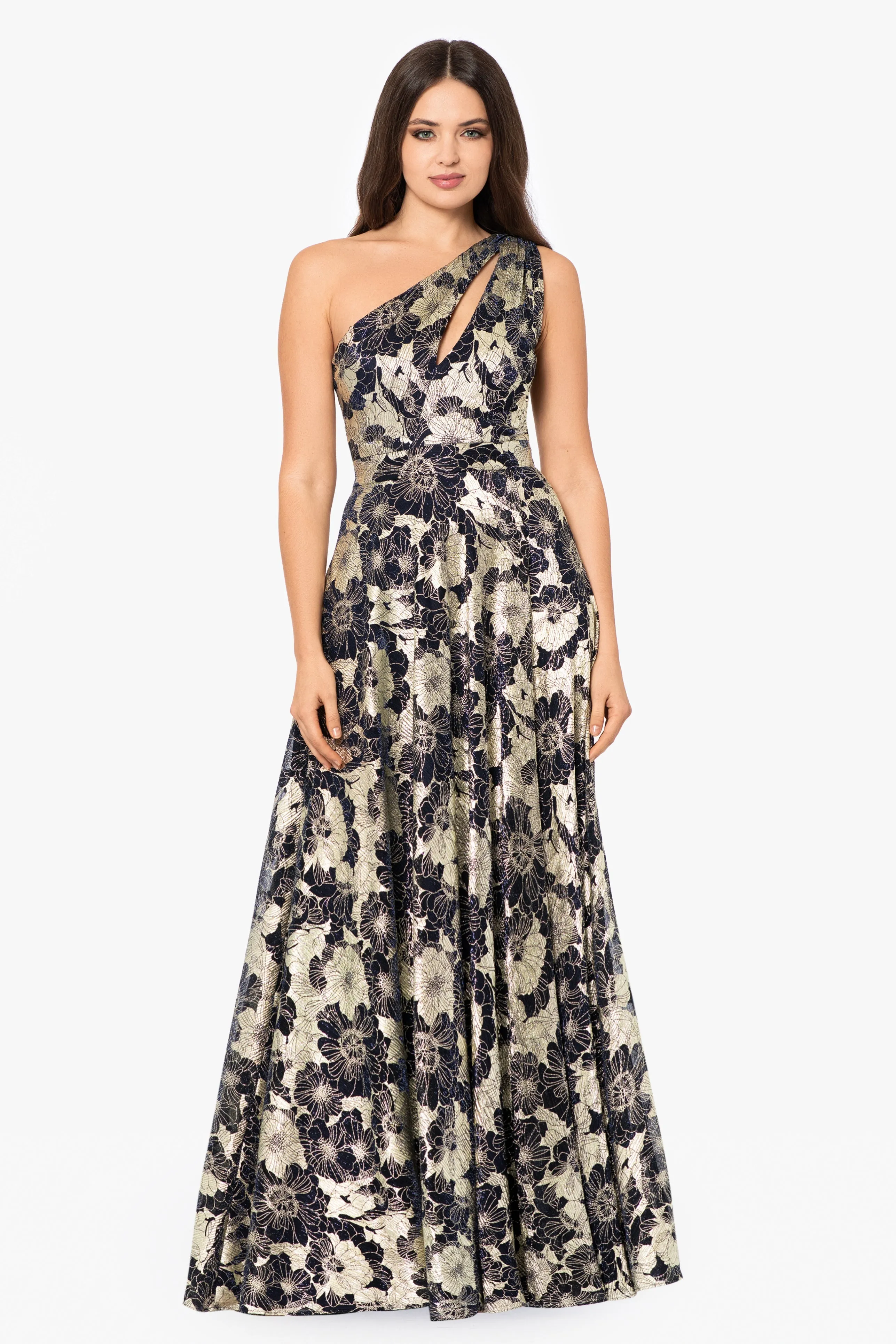 Gwen Long One Shoulder Wrap Foil Flower Dress