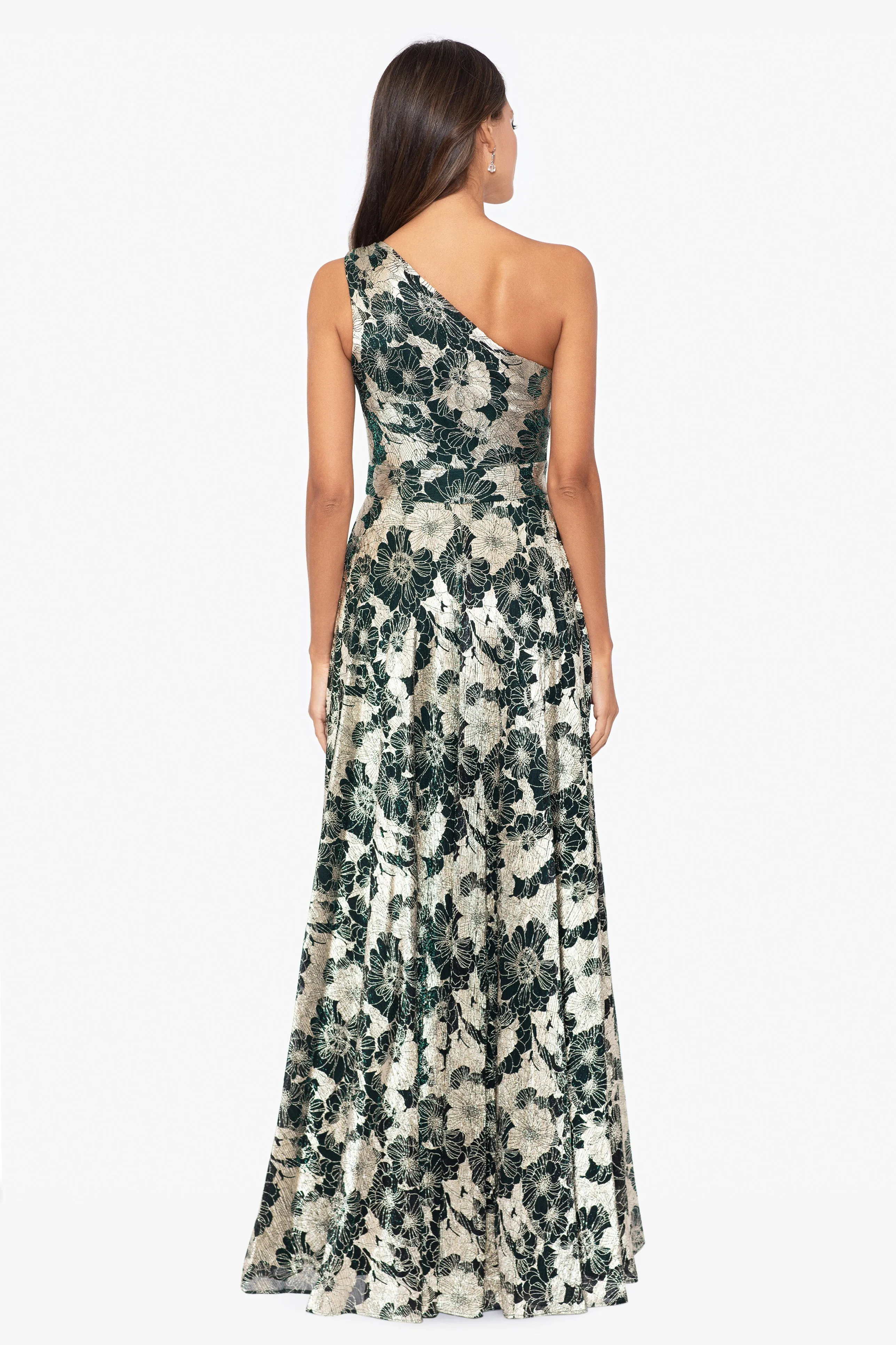 Gwen Long One Shoulder Wrap Foil Flower Dress