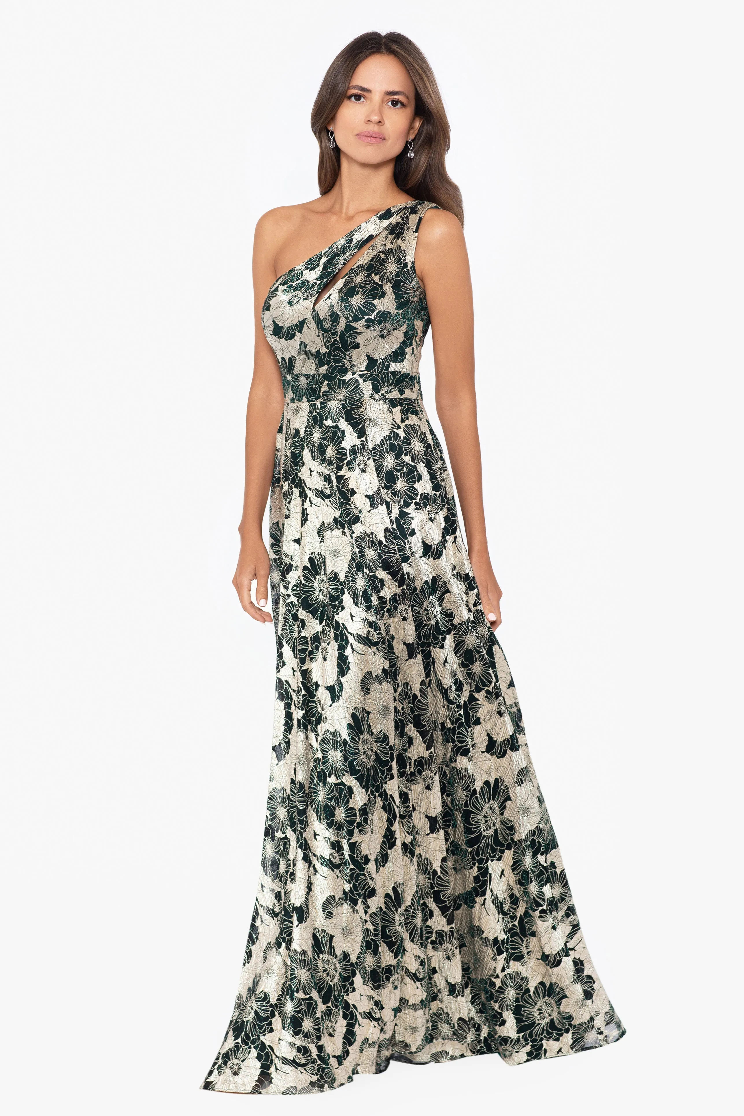 Gwen Long One Shoulder Wrap Foil Flower Dress