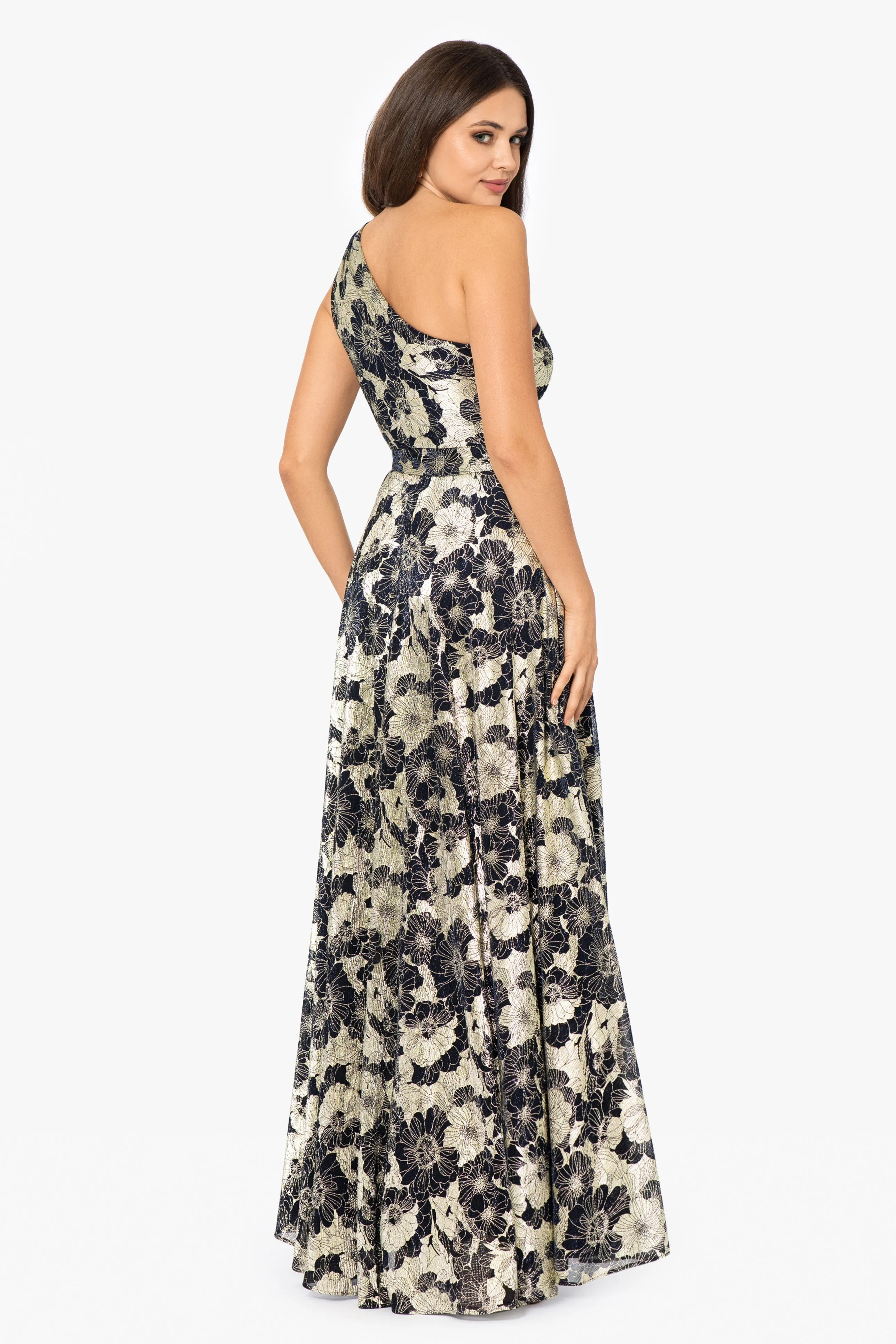 Gwen Long One Shoulder Wrap Foil Flower Dress