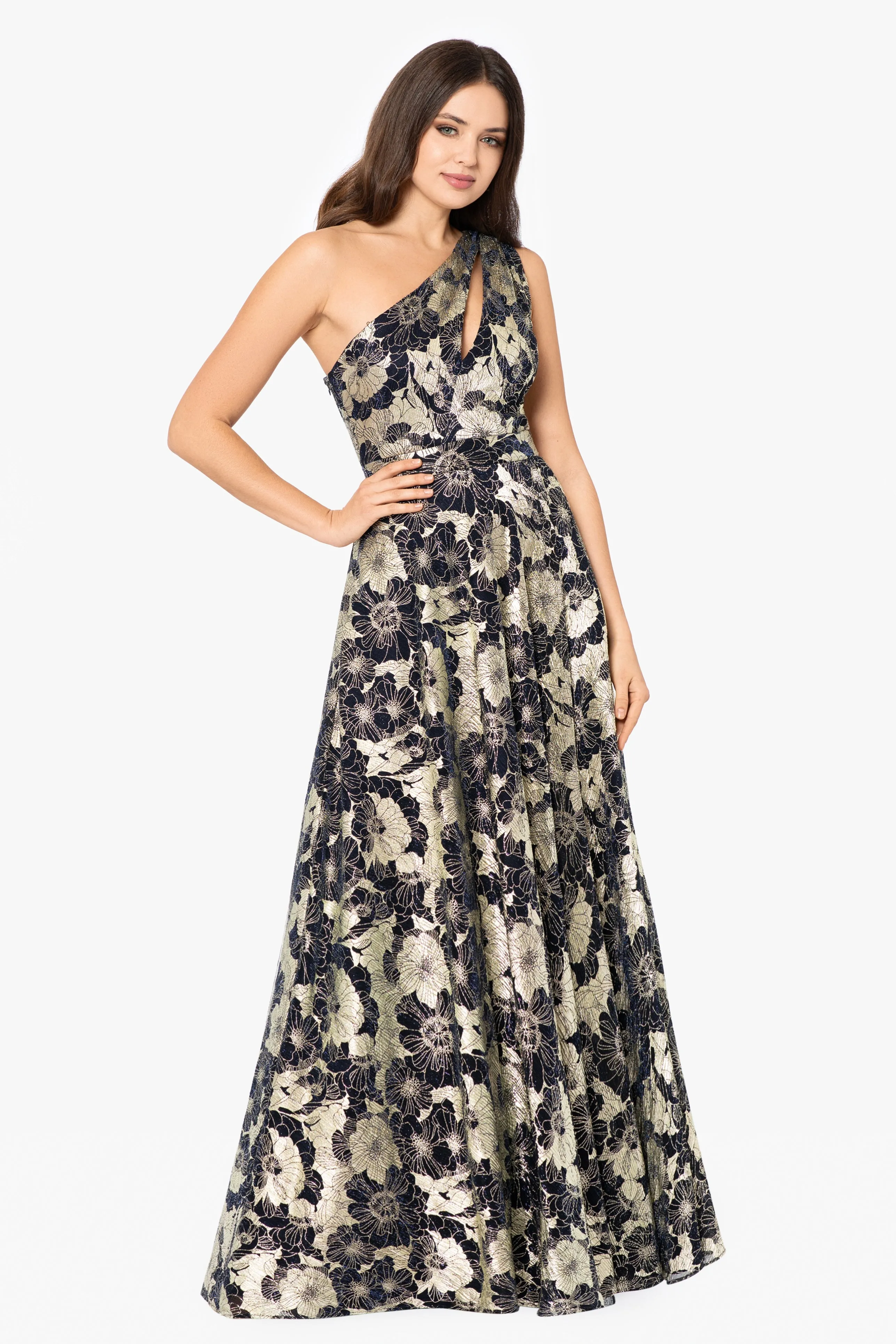 Gwen Long One Shoulder Wrap Foil Flower Dress