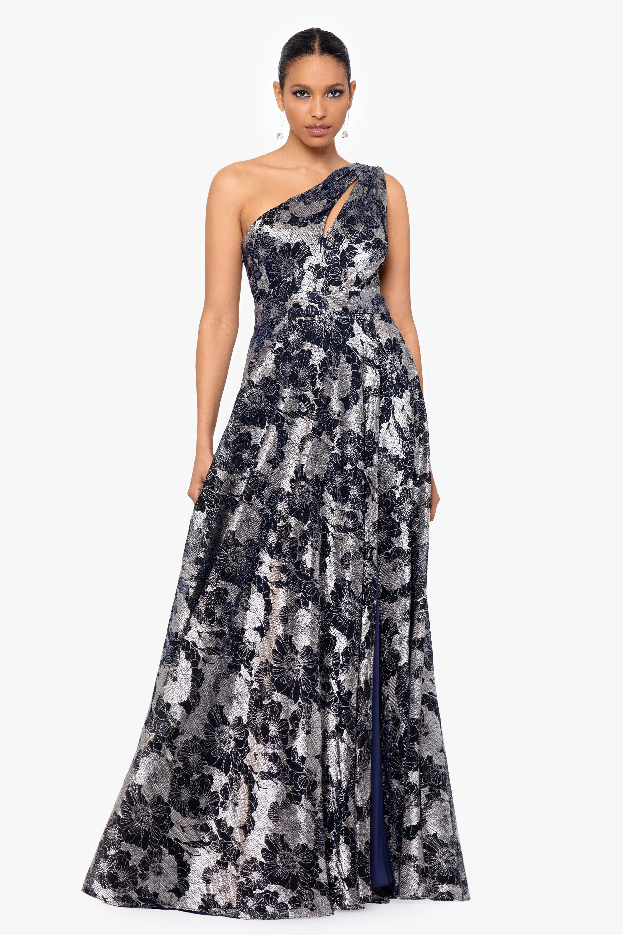 Gwen Long One Shoulder Wrap Foil Flower Dress