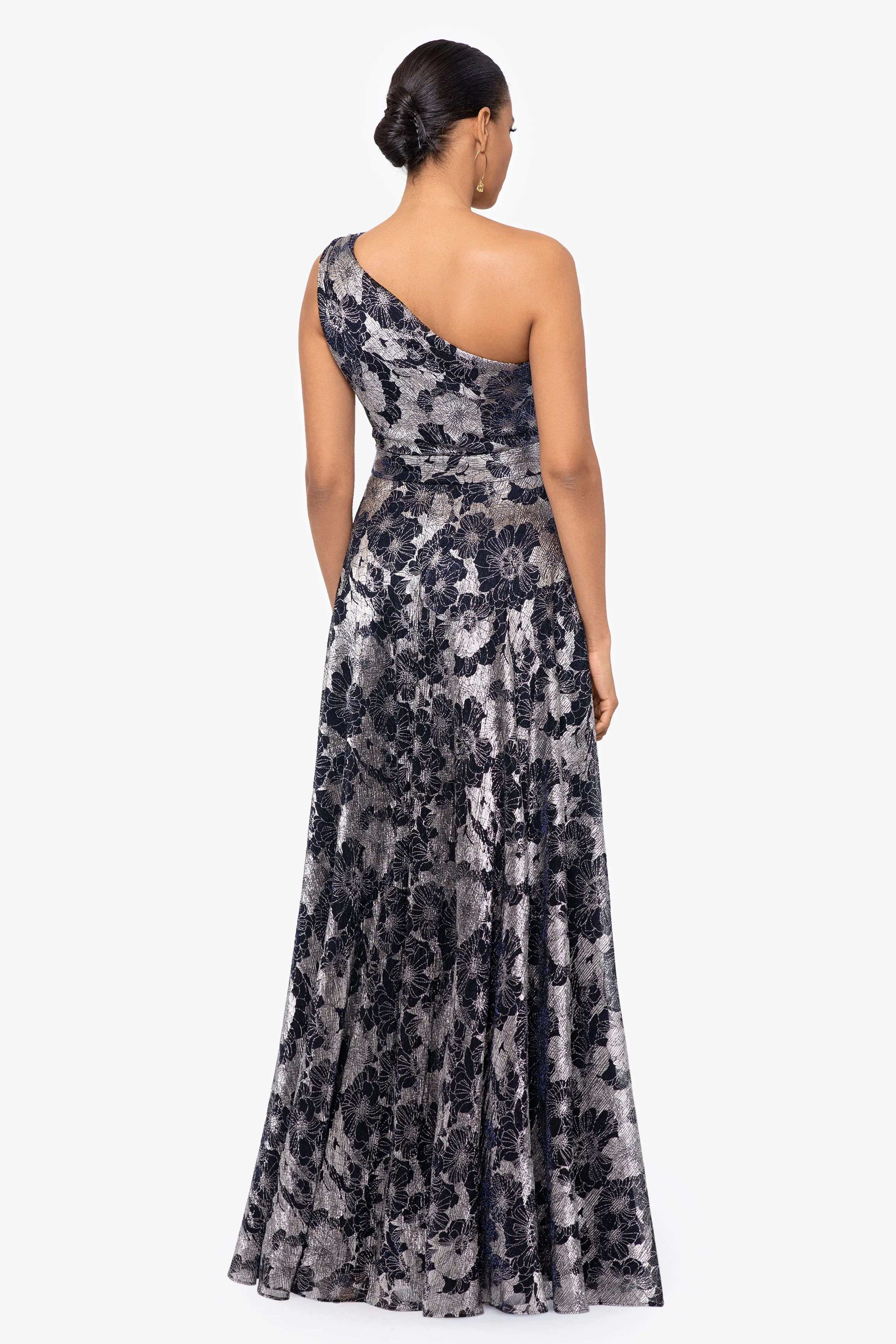 Gwen Long One Shoulder Wrap Foil Flower Dress