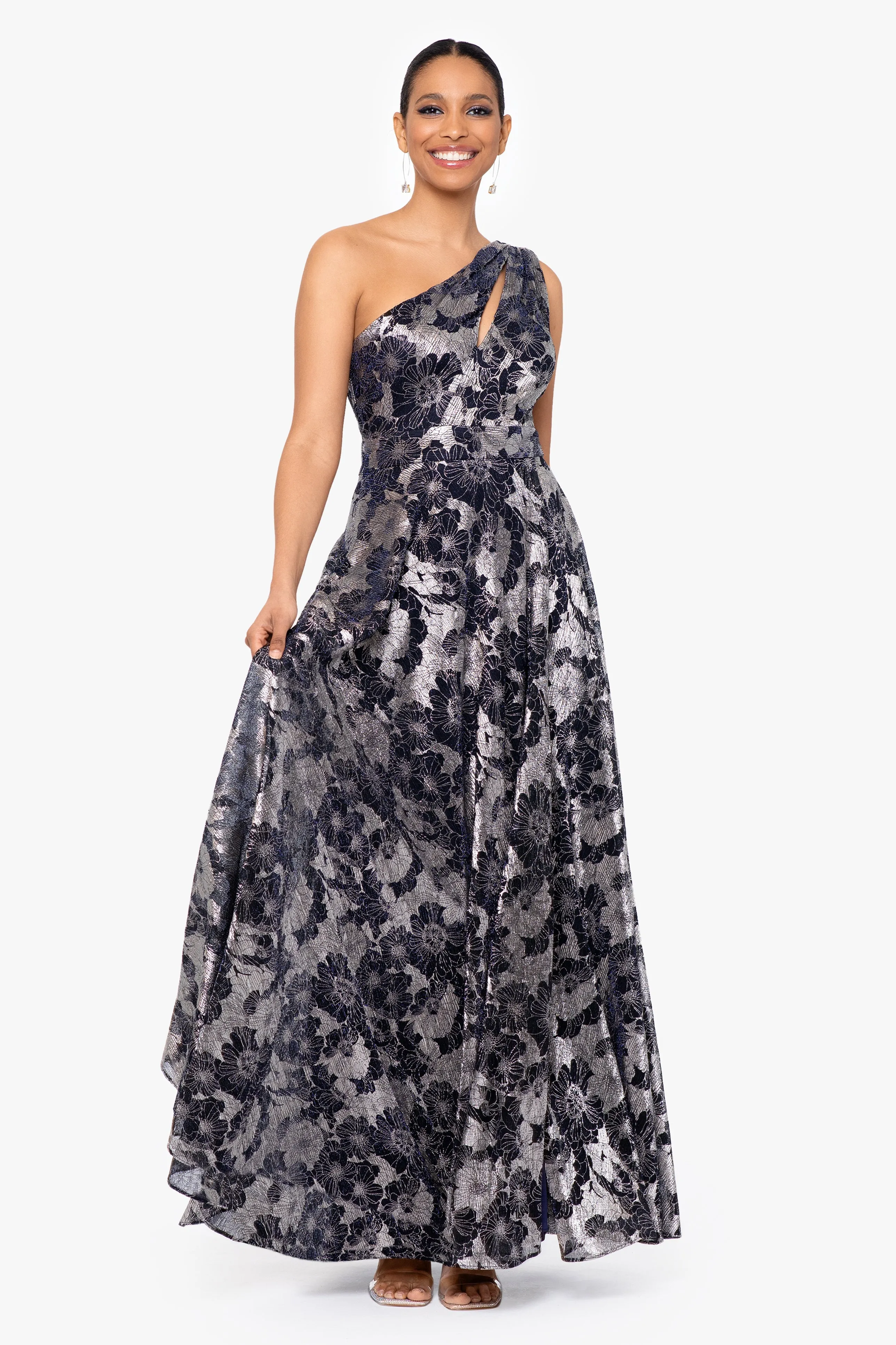 Gwen Long One Shoulder Wrap Foil Flower Dress