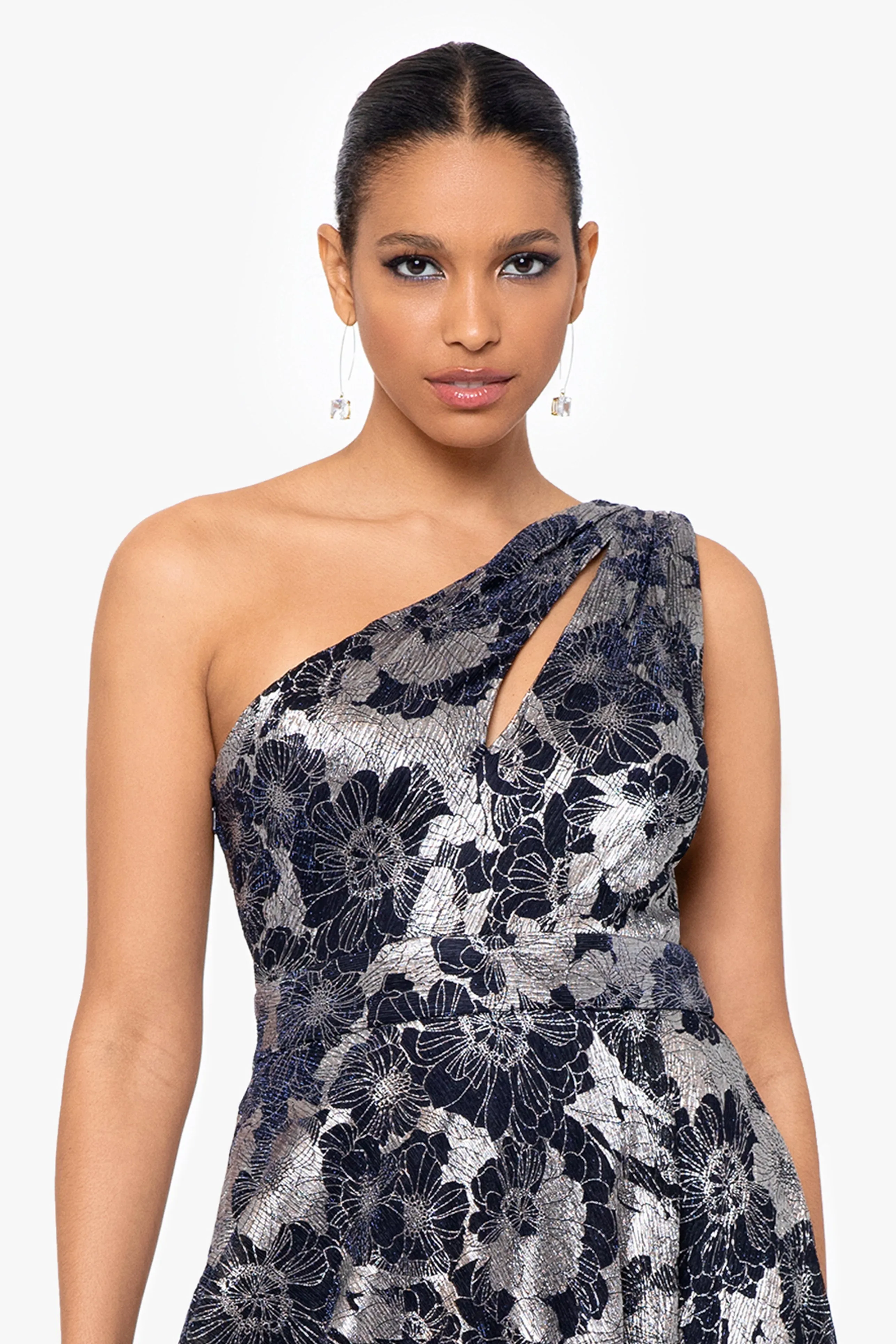 Gwen Long One Shoulder Wrap Foil Flower Dress