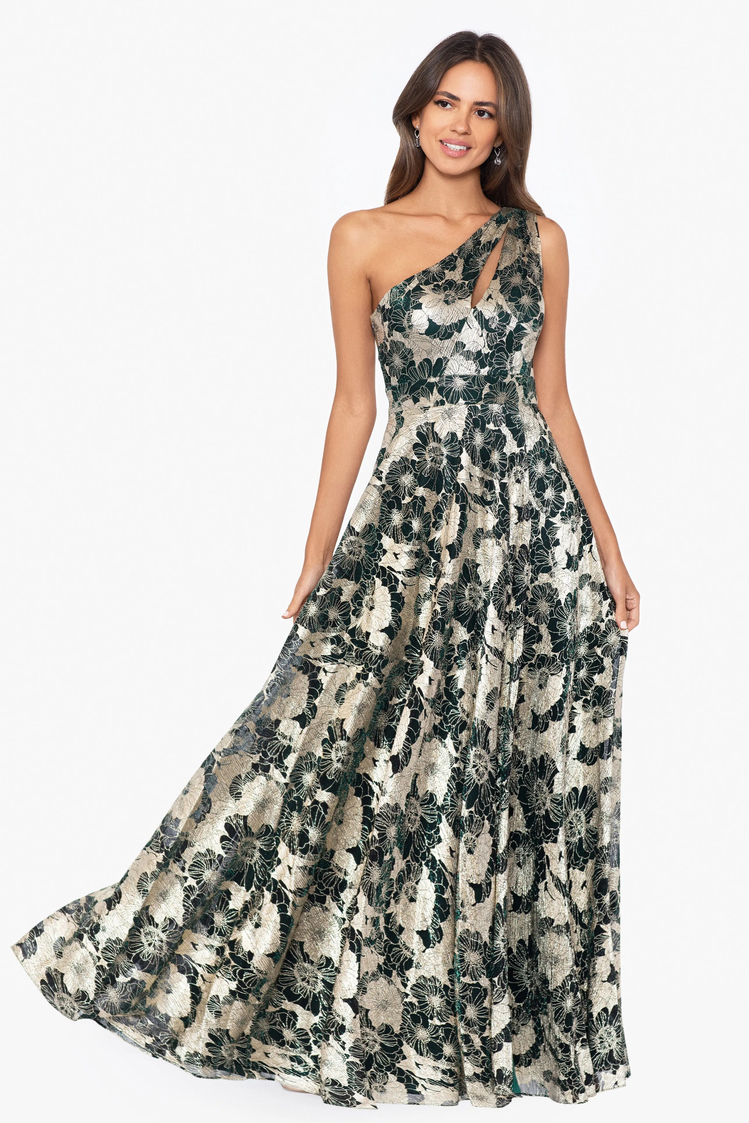 Gwen Long One Shoulder Wrap Foil Flower Dress