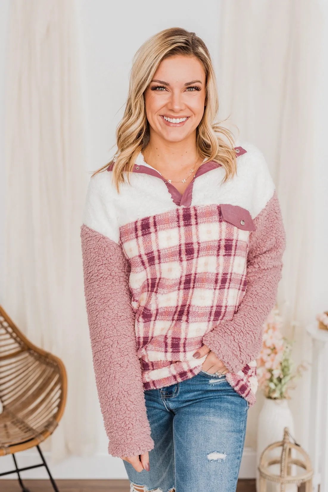 Happy Life Sherpa Sweater - Pink Ivory