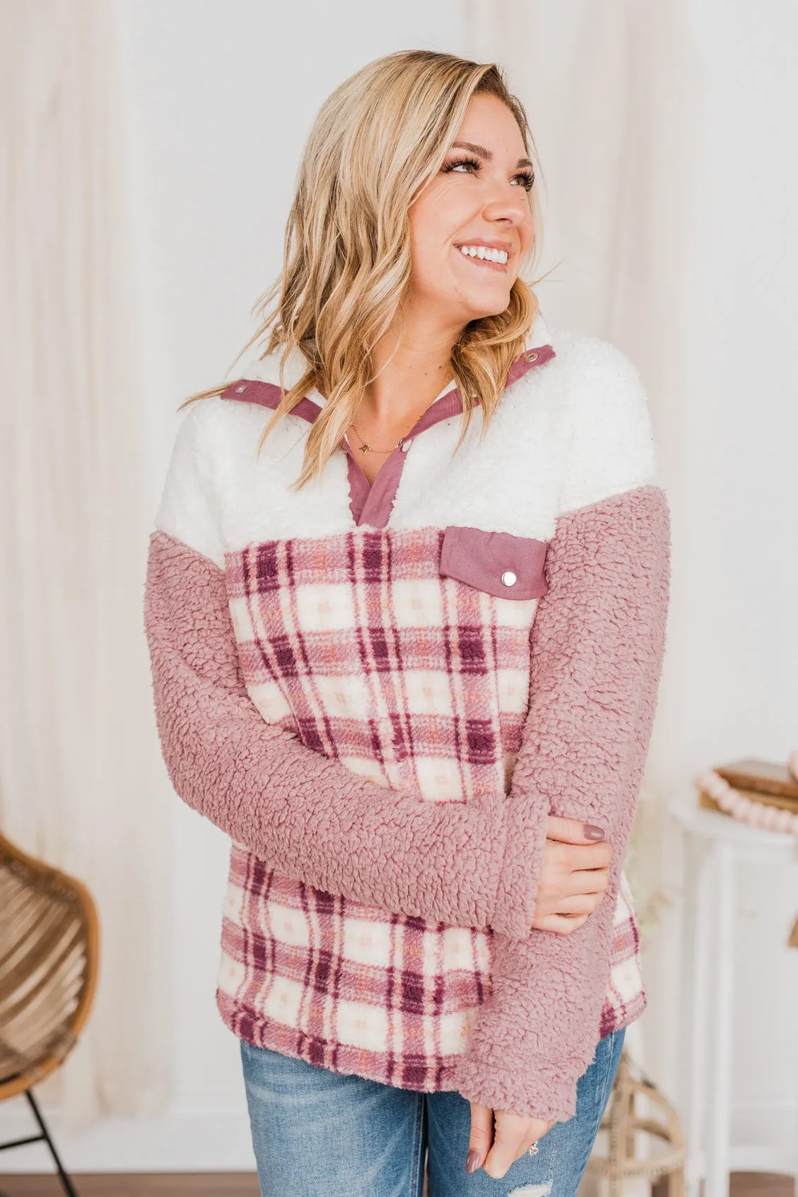 Happy Life Sherpa Sweater - Pink Ivory