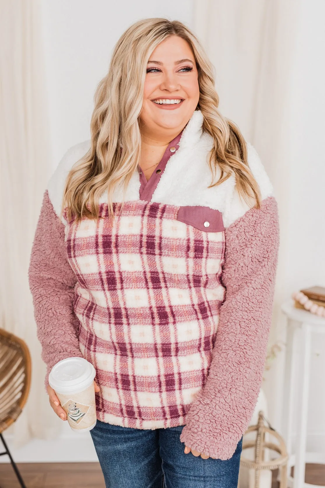 Happy Life Sherpa Sweater - Pink Ivory