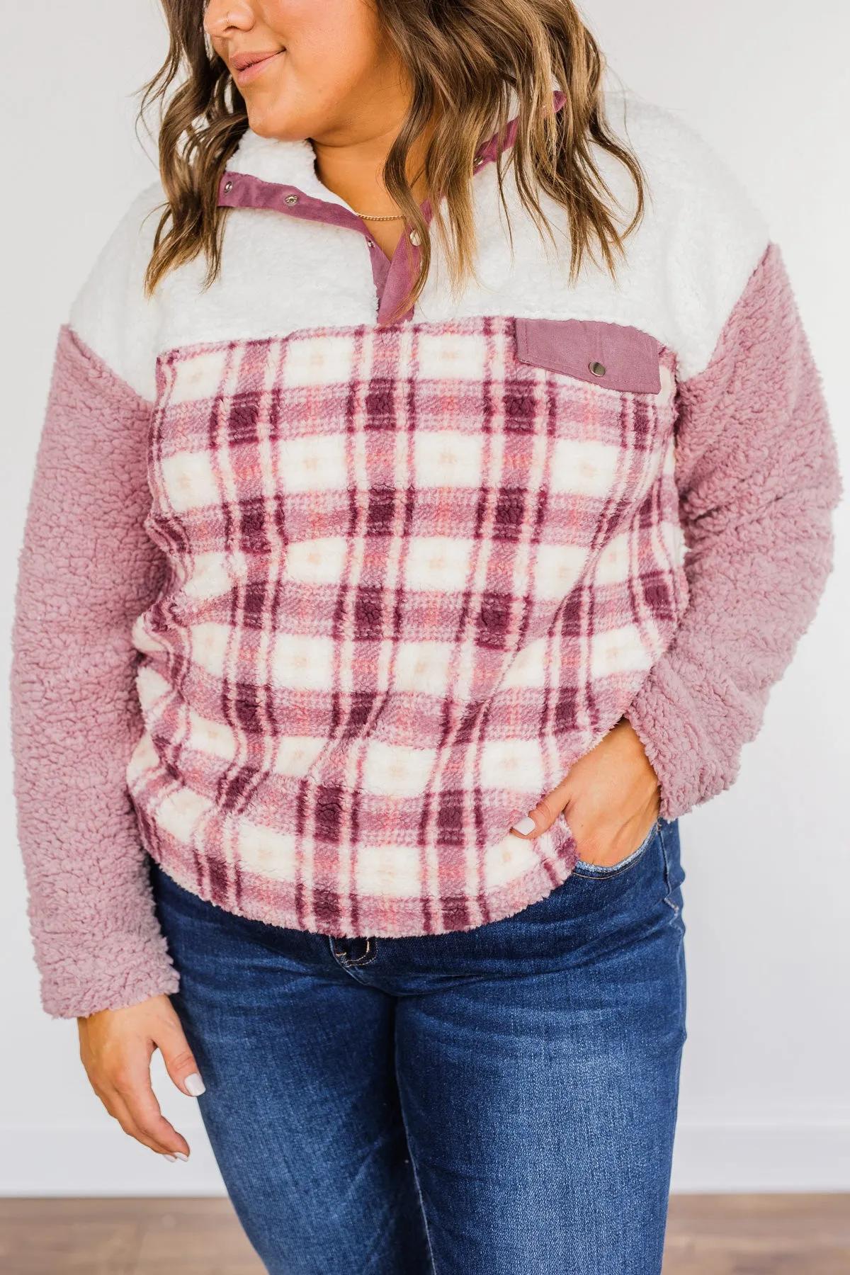 Happy Life Sherpa Sweater - Pink Ivory