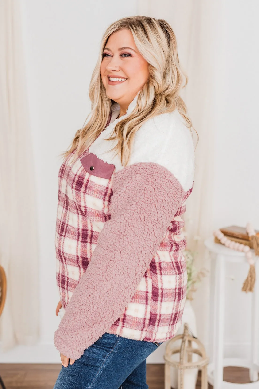 Happy Life Sherpa Sweater - Pink Ivory